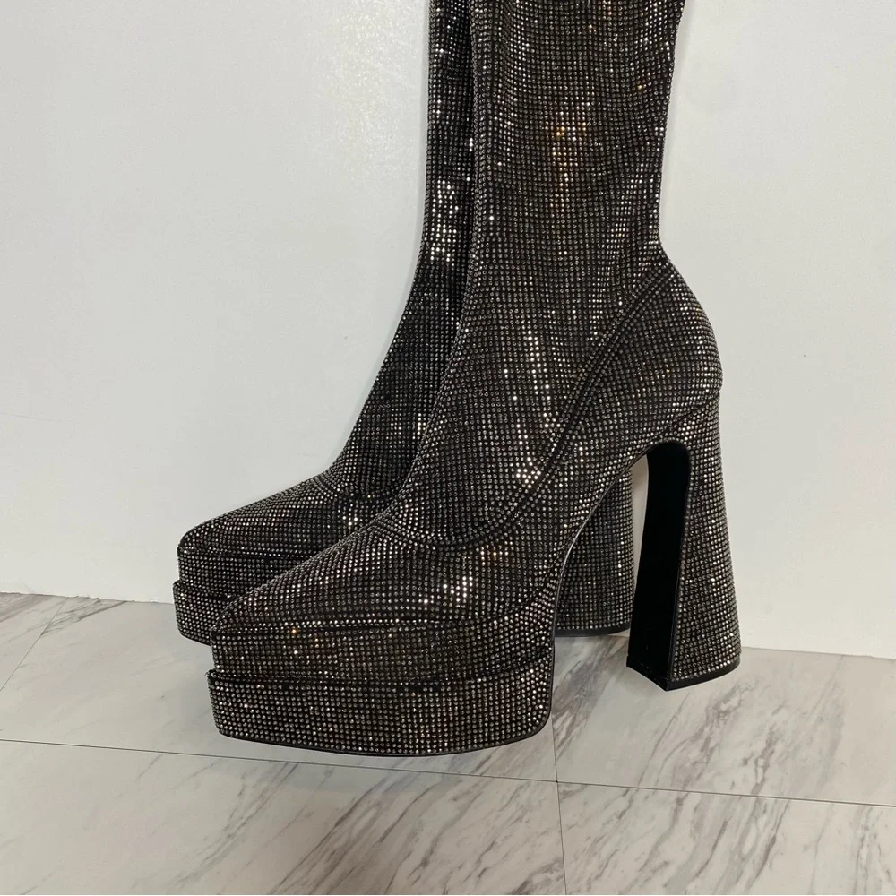 Steve Madden Sultry Rhinestone Thigh High Pointy Toe Platform Heeled Boot 8 1/2